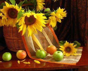 Preview wallpaper sunflowers, shopping, leaves, apples, table, curtains, still life