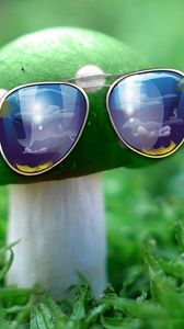 Preview wallpaper sunglasses, mushroom, idea, creative, grass, unusual