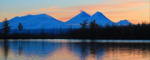 Preview wallpaper sunrise, mountains, lake, landscape, morning