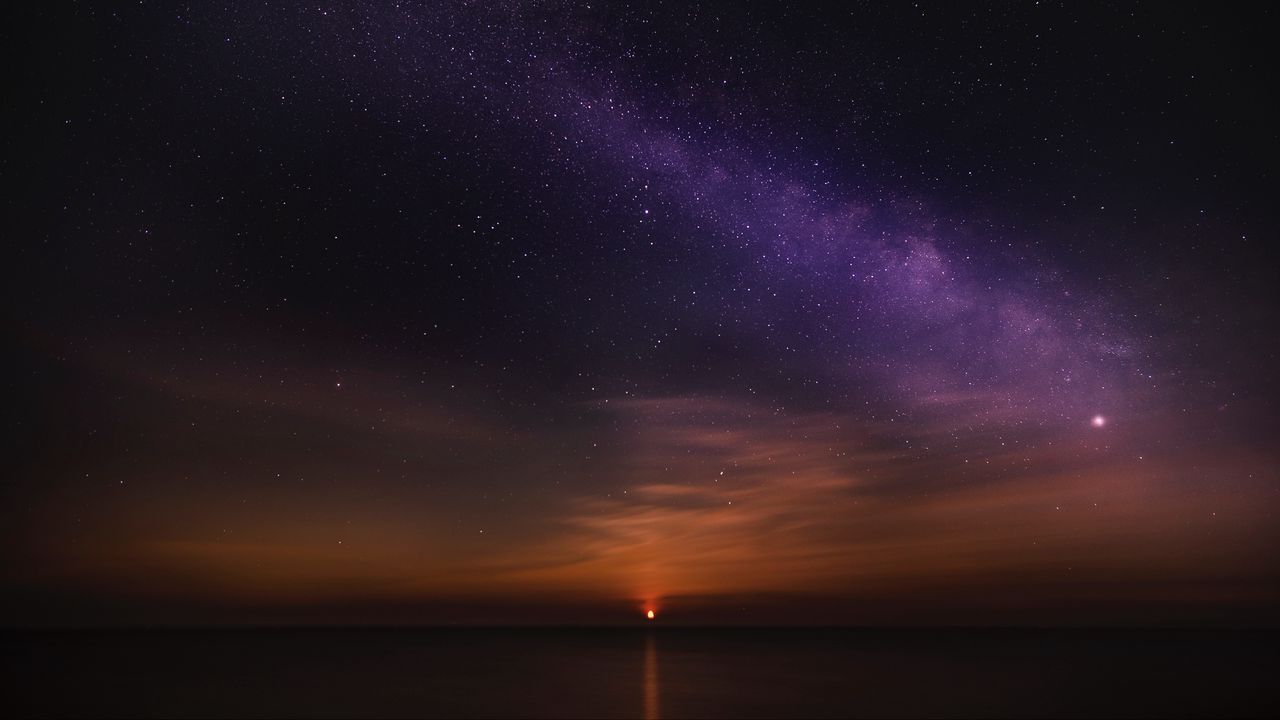 Wallpaper sunrise, starry sky, horizon