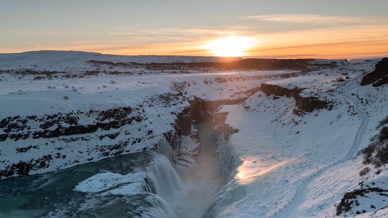 Wallpaper sunrise, waterfall, ice, snow, winter