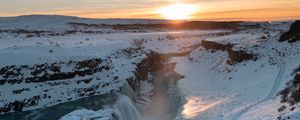 Preview wallpaper sunrise, waterfall, ice, snow, winter