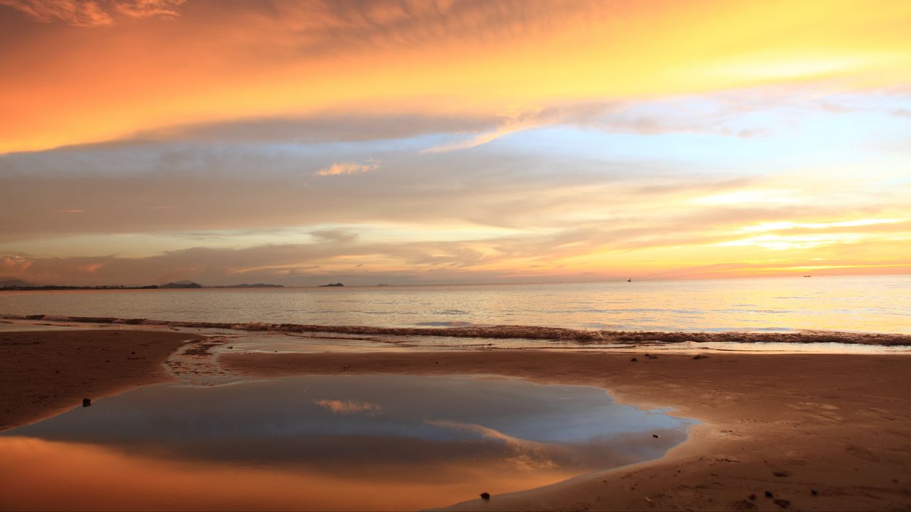 Wallpaper sunset, beach, coast, sea, horizon