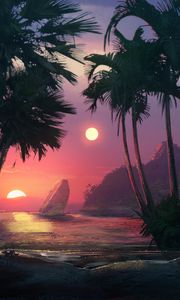 Preview wallpaper sunset, beach, palm trees, sea, art