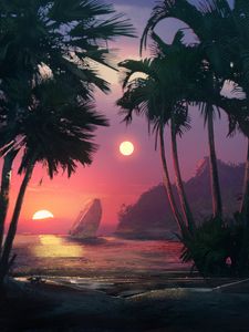 Preview wallpaper sunset, beach, palm trees, sea, art
