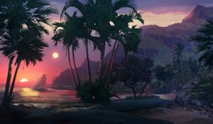 Preview wallpaper sunset, beach, palm trees, sea, art