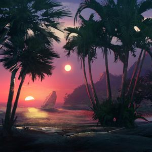 Preview wallpaper sunset, beach, palm trees, sea, art