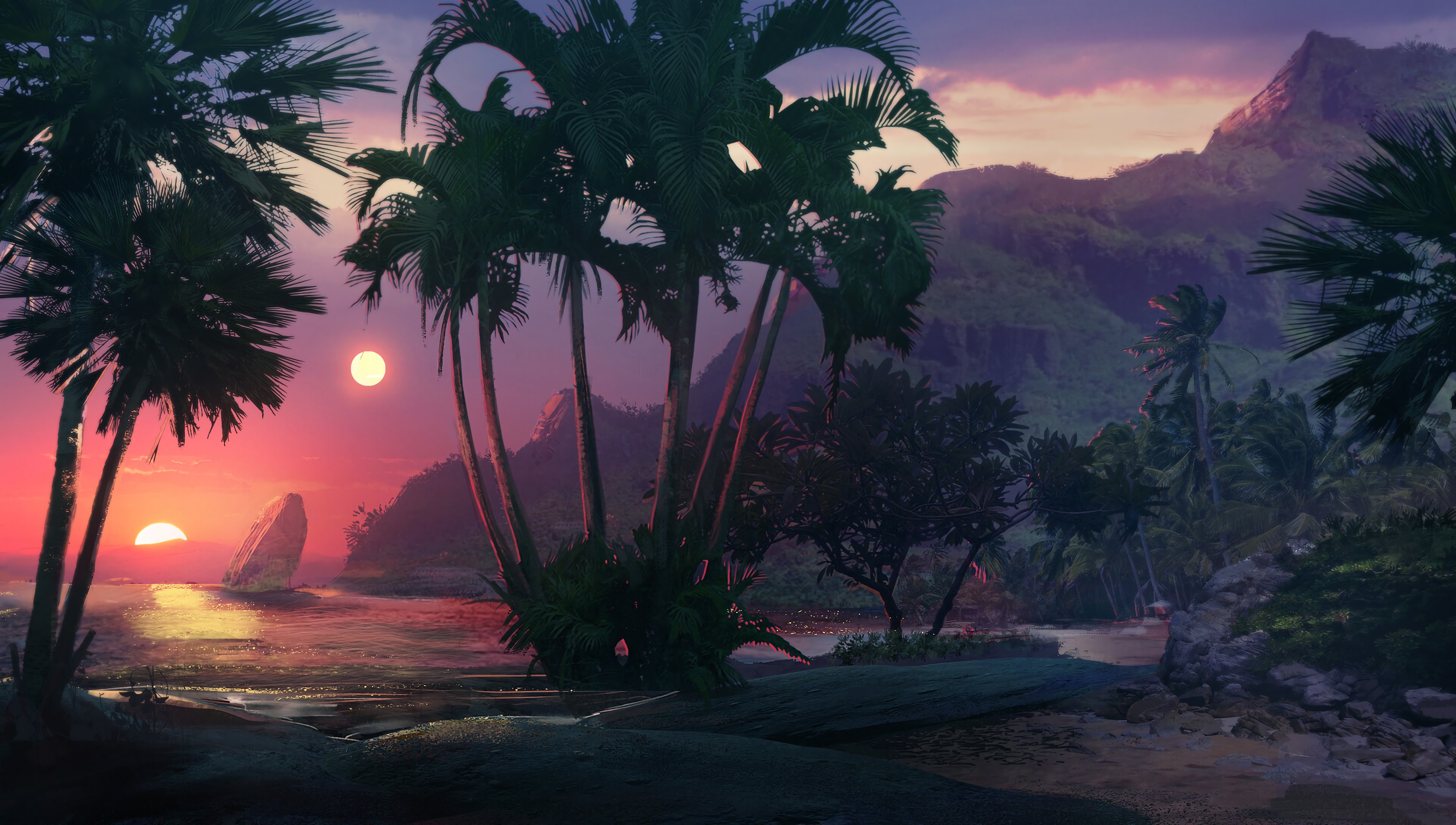 Download wallpaper 3840x2176 sunset, beach, palm trees, sea, art hd  background