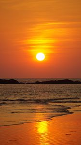 Preview wallpaper sunset, beach, sea, waves, dusk