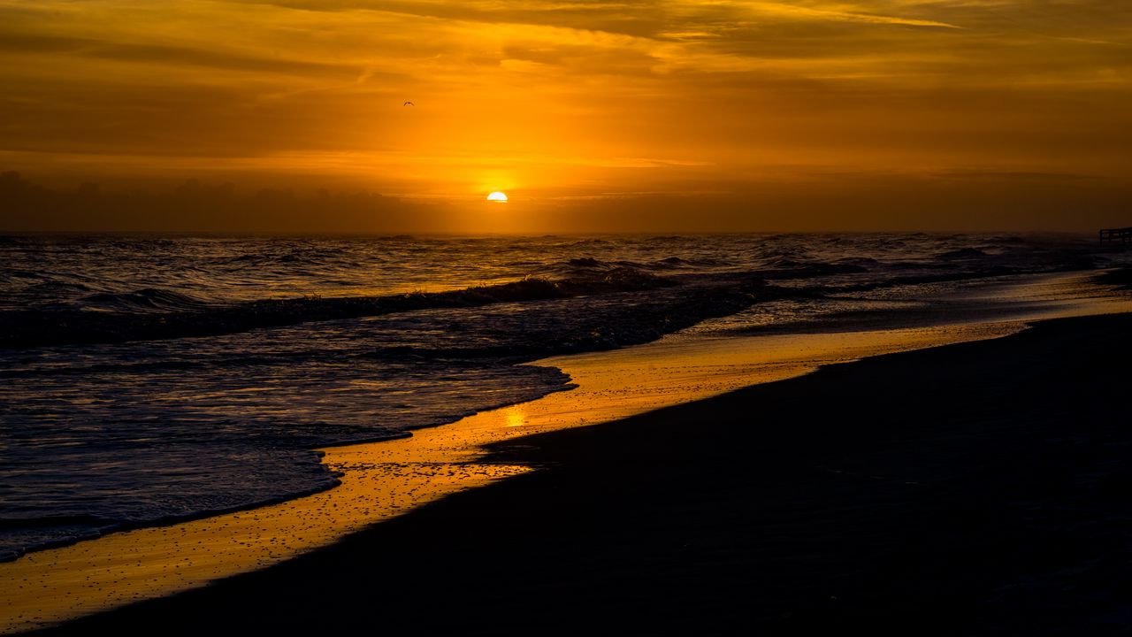 Wallpaper sunset, beach, sun, tide