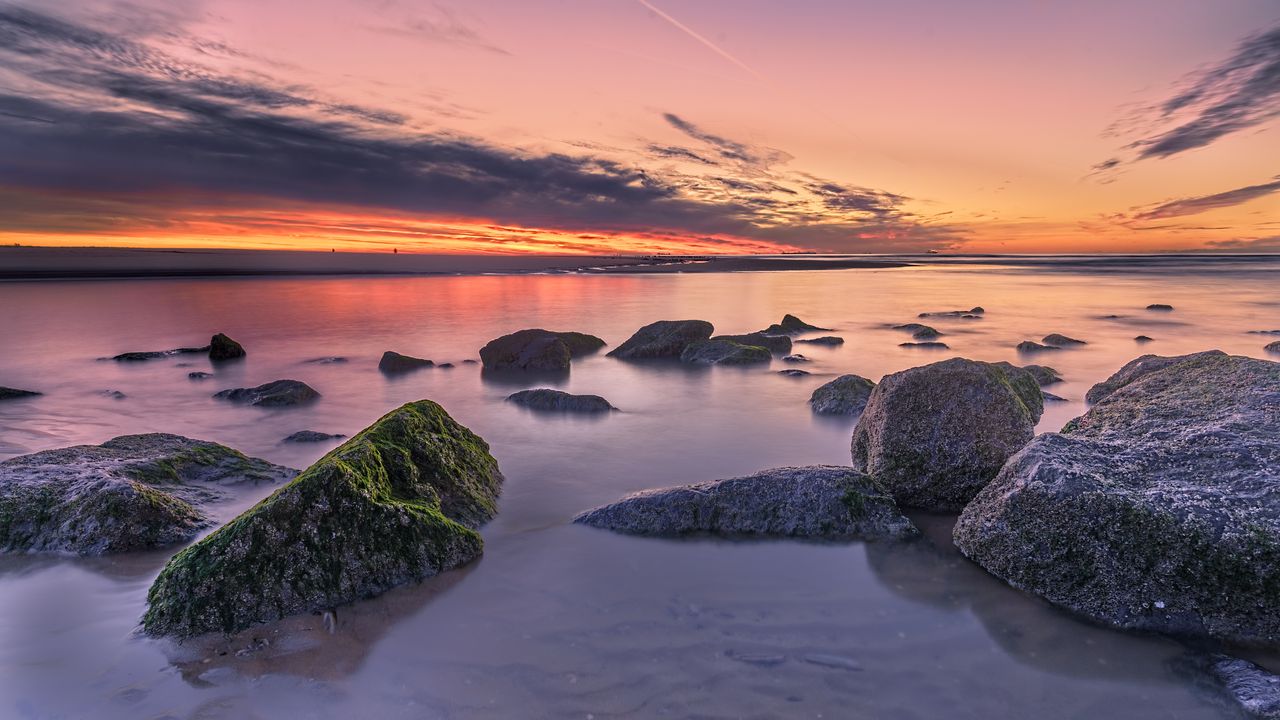 Wallpaper sunset, blocks, horizon, distance