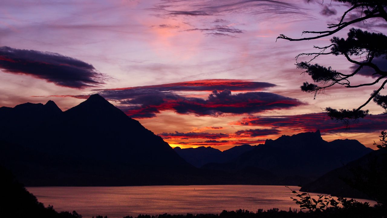 Wallpaper sunset, branches, sky, clouds, mountains