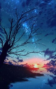 Preview wallpaper sunset, branches, tree, nebula, particles, stars, art