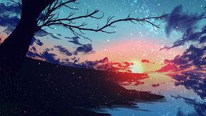 Preview wallpaper sunset, branches, tree, nebula, particles, stars, art