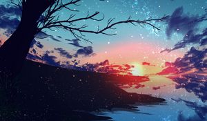 Preview wallpaper sunset, branches, tree, nebula, particles, stars, art