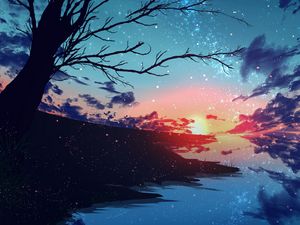 Preview wallpaper sunset, branches, tree, nebula, particles, stars, art