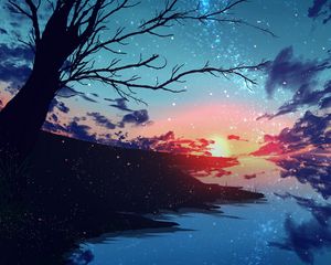 Preview wallpaper sunset, branches, tree, nebula, particles, stars, art