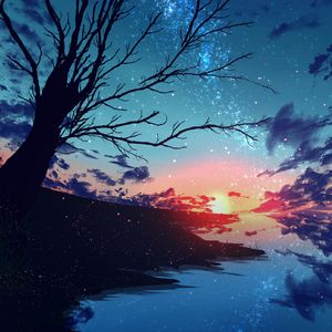 Preview wallpaper sunset, branches, tree, nebula, particles, stars, art