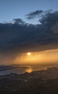 Preview wallpaper sunset, city, river, clouds, aerial view