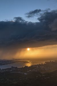 Preview wallpaper sunset, city, river, clouds, aerial view