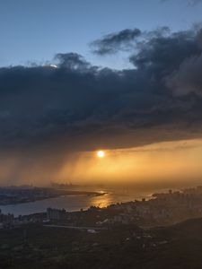 Preview wallpaper sunset, city, river, clouds, aerial view