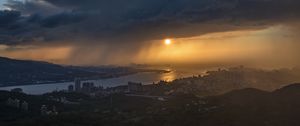 Preview wallpaper sunset, city, river, clouds, aerial view