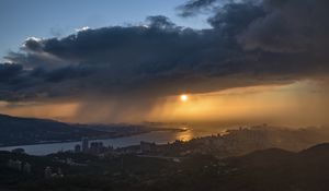 Preview wallpaper sunset, city, river, clouds, aerial view
