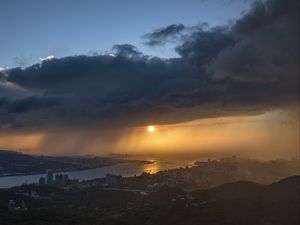 Preview wallpaper sunset, city, river, clouds, aerial view
