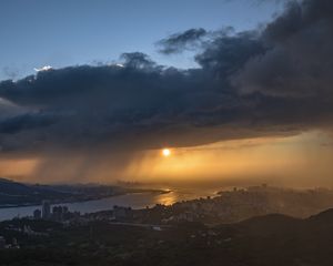 Preview wallpaper sunset, city, river, clouds, aerial view