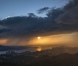 Preview wallpaper sunset, city, river, clouds, aerial view