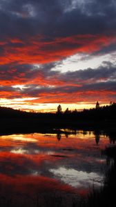 Preview wallpaper sunset, clouds, nature, trees, lake, reflection