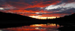 Preview wallpaper sunset, clouds, nature, trees, lake, reflection