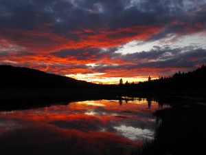 Preview wallpaper sunset, clouds, nature, trees, lake, reflection