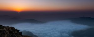 Preview wallpaper sunset, clouds, sky, fog, peak