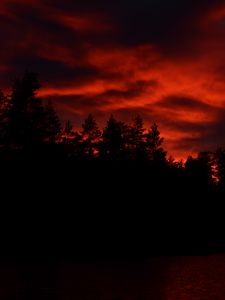 Preview wallpaper sunset, clouds, trees, lake, dark