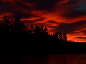 Preview wallpaper sunset, clouds, trees, lake, dark