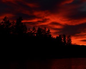 Preview wallpaper sunset, clouds, trees, lake, dark