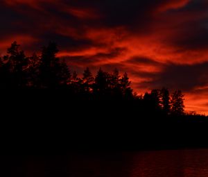 Preview wallpaper sunset, clouds, trees, lake, dark