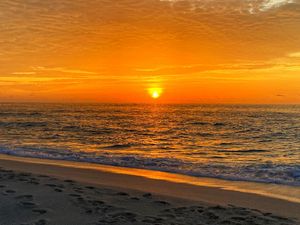 Preview wallpaper sunset, coast, beach, sea, horizon