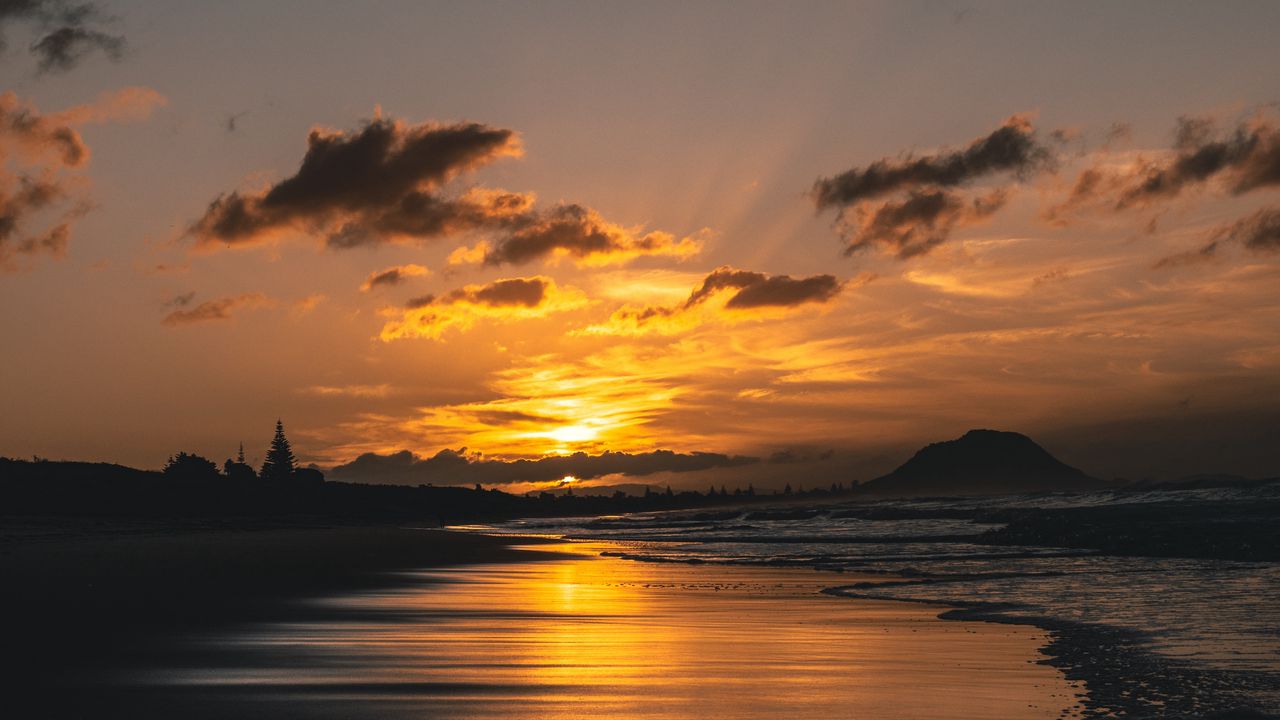 Wallpaper sunset, coast, sand, sea, sky