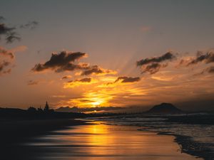 Preview wallpaper sunset, coast, sand, sea, sky