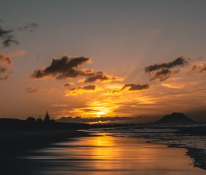 Preview wallpaper sunset, coast, sand, sea, sky