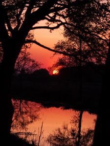 Preview wallpaper sunset, dusk, dark, outlines, trees, water, reflection