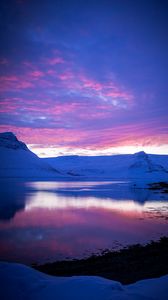 Preview wallpaper sunset, evening, mountains, snowy