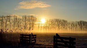 Preview wallpaper sunset, field, fence, landscape