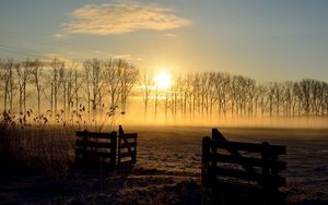 Preview wallpaper sunset, field, fence, landscape