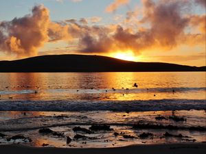 Preview wallpaper sunset, hill, sea, coast