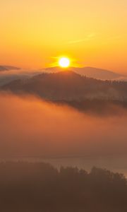 Preview wallpaper sunset, hills, fog, morning, landscape