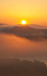 Preview wallpaper sunset, hills, fog, morning, landscape