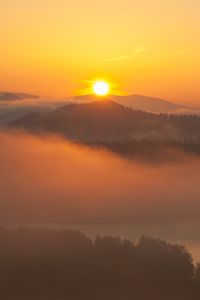 Preview wallpaper sunset, hills, fog, morning, landscape